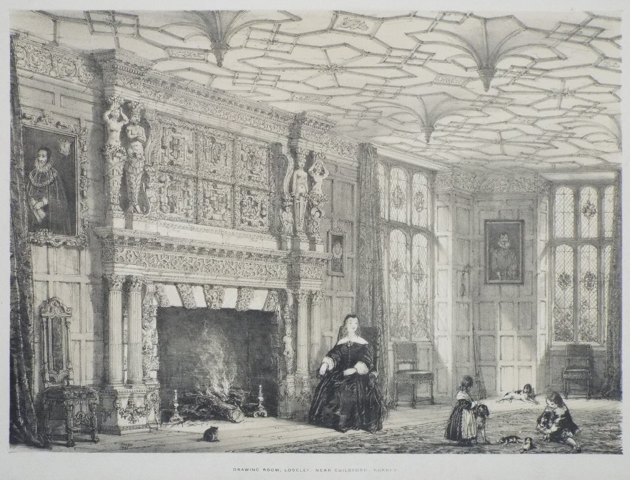 Lithograph - Drawing Room, Loseley, near Guildford, Surrey - Nash
